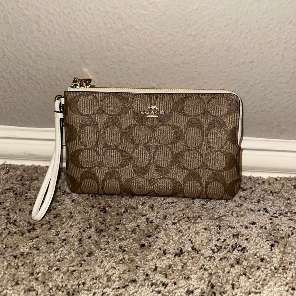 Coach Brown Signature Canvas Wristlet with White Trim